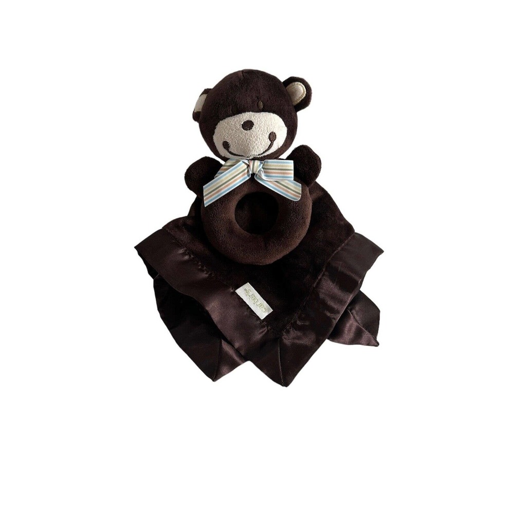 Carters Brown Bear Bow Satin Back Baby Ring Rattle Toy Security Blanket Lovey